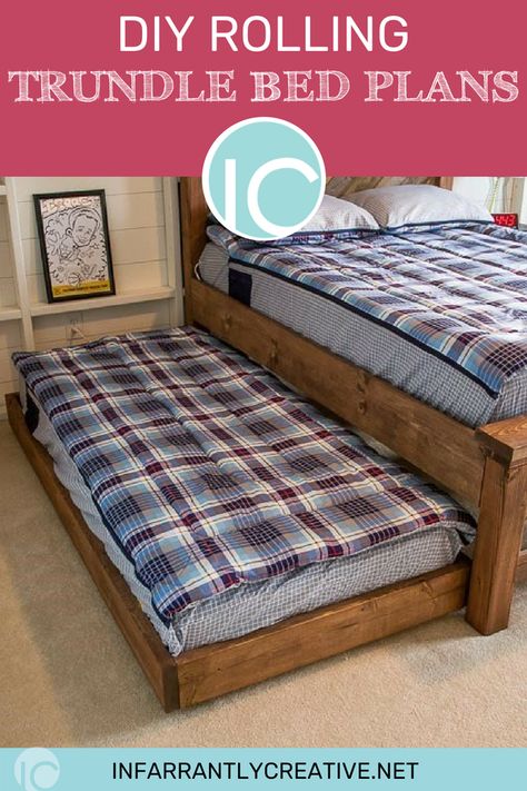 The other day I shared with you the plan for the Full-Size Farmhouse Pallet Bed for my son’s room.  One of the things that was very important to my son was that there be room for his buddies to spend the night.  My extroverted son would have a friend spend the night every day of … Trundle Beds Diy, Trundle Bed Plans, Ikea Leirvik, Diy Bed Frame Easy, Trundle Bed Frame, Murphy Bed Ikea, Modern Murphy Beds, Murphy Bed Plans, Pallet Bed