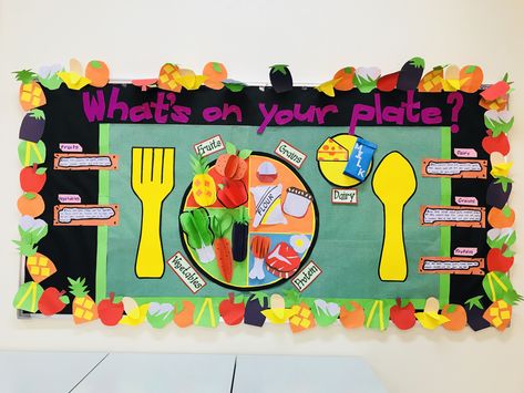 Food Pyramid Bulletin Board, Healthy And Junk Food Bulletin Board, Nutrition Board Ideas, Food Theme Board Ideas For Preschool, Nutrition Bulletin Board Ideas, Healthy Bulletin Board Ideas, National Nutrition Month Ideas, Cafeteria Bulletin Board Ideas, School Cafeteria Decorations