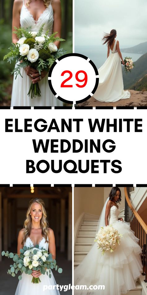 Looking for the perfect white wedding bouquet to complete your bridal look? Check out this stunning collection of 29 elegant white wedding bouquets! From romantic cascading designs to lush bouquets overflowing with delightful white blooms and fresh ferns or pragmatic touches like eucalyptus, you'll find inspiration for every style. Whether you dream of a classic or modern feel, these gorgeous bouquets will make your heart flutter and your wedding unforgettable. Elevate your big day with the beauty of nature adorned in dazzling white flowers! White Bridal Bouquet With Eucalyptus, Wedding Bouquet Shapes, Astilbe Bouquet, White Orchid Bouquet, Magnolia Bouquet, White Peonies Bouquet, Elegant White Wedding, Anemone Bouquet, Protea Bouquet