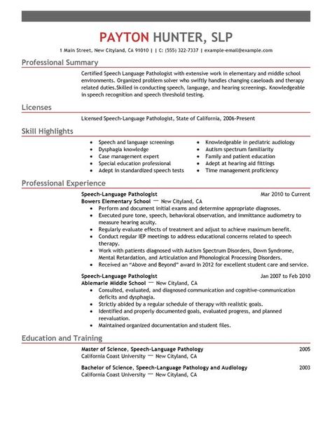 Use this professional Speech Language Pathologist resume sample to create your own powerful job application in a flash. Speech Pathologist, Good Resume Examples, Slp Ideas, Slp Resources, Speech Ideas, Speech Path, Best Speeches, Speech Language Pathologist, Perfect Resume