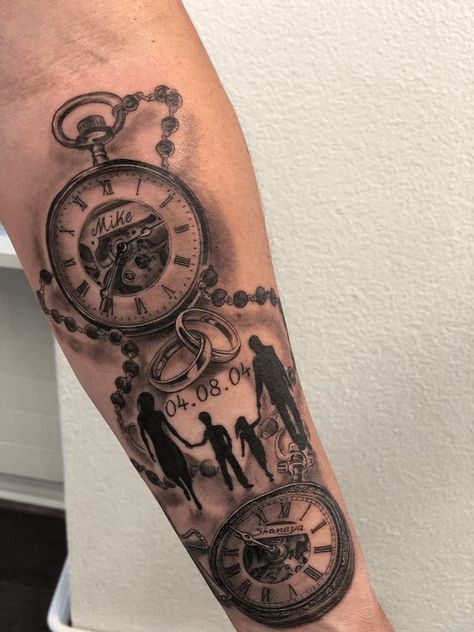 225+ Clock Tattoos Ideas and Designs (2023) - TattoosBoyGirl Time Forearm Tattoo Men, Tattoo Ideas For Men Daughters Names, Mens Family Tattoos, Family Tattoo Ideas For Men Arm, Birth Clock Tattoo, Clock Tattoo Ideas, Tropisches Tattoo, Time Clock Tattoo, Family Sleeve Tattoo