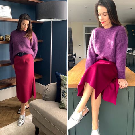 Magenta Pencil Skirt Outfit, Magenta Winter Outfit, Magenta Skirt Outfit, Magenta Sweater Outfit Winter, Viva Magenta Fashion 2023, Fuschia Skirt, Magenta Skirt, Magenta Fashion, Magenta Dress