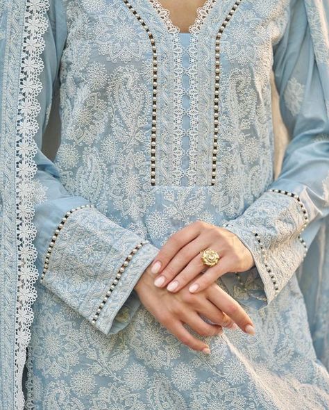 Embroidery On Shirt, Chikankari Embroidery, Light Blue Fabric, Embroidered Suit, Kurti Neck, Kurti Neck Designs, Embroidered Dupatta, Color Light Blue, Live Now