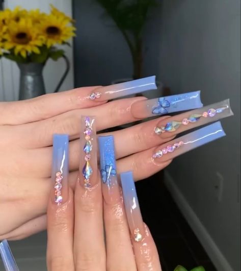 Nails Acrylic Butterfly Nails, Butterfly Acrylic Nails, Nails With Butterflies, French Fade Nails, Quinceanera Nails, Baby Blue Nails, Nails Design With Rhinestones, Metallic Nails, Butterfly Nail