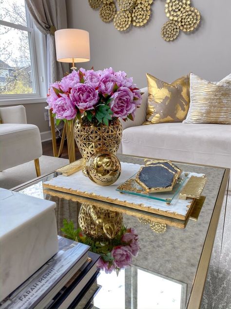 Purple And Gold Living Room, Queen Mermaid, Luxurious Living Rooms, Gold Living Room Decor, Purple Room, Mirrored Sideboard, Gold Living Room, Table Decor Living Room, Hexagon Coasters