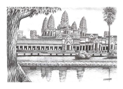 Angkor Wat Drawing, Temple Drawing, Cambodian Art, Angkor Wat Temple, Drawing Simple, Creative Profile Picture, Aesthetic Filter, Cute Simple Wallpapers, Fantasy City