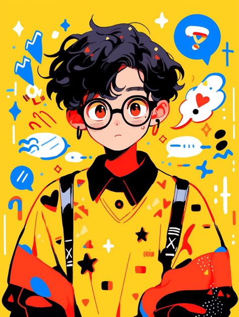 Cute Guy Illustration, Flat Art Style, Gamer Boy Drawing, Person With Glasses, Glasses Drawing Reference, Men Character Design, Shirt Drawing Reference, Characters With Glasses, Character With Glasses