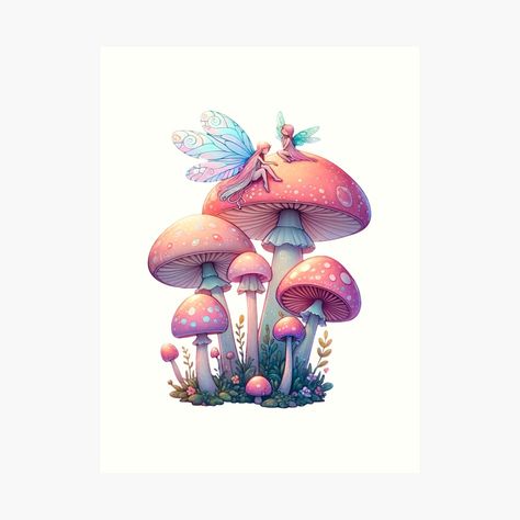 Get my art printed on awesome products. Support me at Redbubble #RBandME: https://www.redbubble.com/i/art-print/Enchanted-Forest-Fairies-on-Mushroom-Fairycore-cottagecore-Fantasy-Art-by-Unitepeople/159907601.1G4ZT?asc=u Fairycore Art, Forest Fairies, Aesthetics Art, Mushroom Fairy, Fairycore Cottagecore, Color Pencils, Forest Fairy, Fairy Art, Paper Models