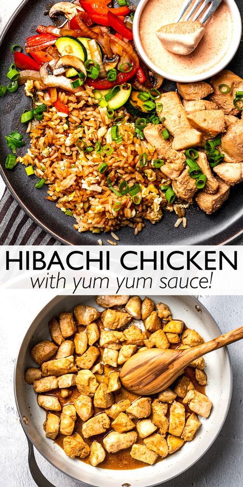 This Hibachi Chicken recipe is easy and delicious, with savory chicken, crisp-tender veggies, and authentic fried rice. With a side of creamy yum yum sauce, it’s sure to be a hit! Recipes With Yum Yum Sauce, Easy Hibachi Chicken, Authentic Fried Rice, Hibachi Chicken Recipe, Easy Hibachi, Homemade Hibachi, Hibachi Fried Rice, Hibachi Recipes, Hibachi Chicken