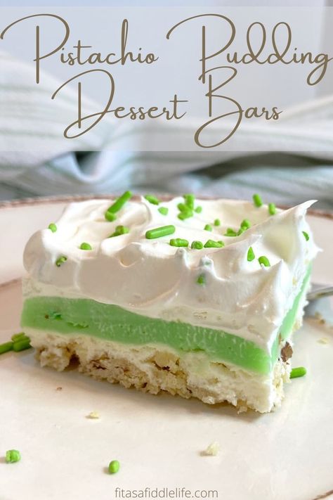 Pistachio Pudding Desserts Layered, Pistachio Shortbread Dessert, Pistachio Bars With Cream Cheese, Layered Pistachio Dessert, Pistachio Pudding Bars, Desserts With Pistachio Pudding, Pistachio Torte Recipes, Irish Cake Recipes, Pistachio Treats