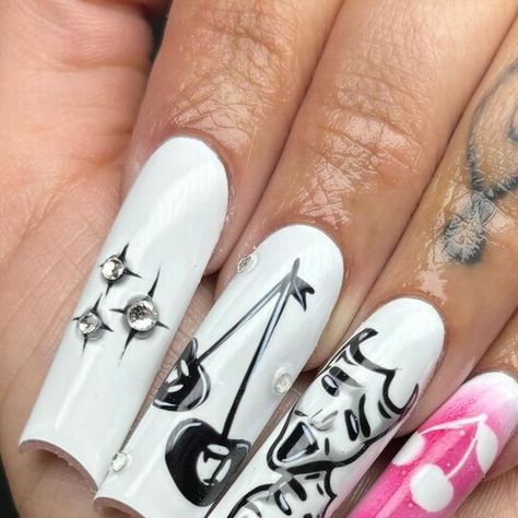 Zamora Nailz🎀 on Instagram: "Smile now Cry Later🎭🖤  -  -  -  -  #nails #661nailtech #bakersfieldnails #661nails #nailsnailsnails #nailart #naildesign #acrylicnails #explorepage #explorenails #nailinspo #whitenails #squarenails #handdrawnart #airbrushnails #smilenowcrylater #cherrynails #blacknails #blackandwhitenails #starnails #2000snails #baddienails #redcherrynails #xlnails" Laugh Now Cry Later Nails, Smile Now Cry Later Nails, 777 Nails, Smile Now Cry Later, Fye Nails, Latest Nail Designs, Girly Acrylic, Airbrush Nails, Cherry Nails