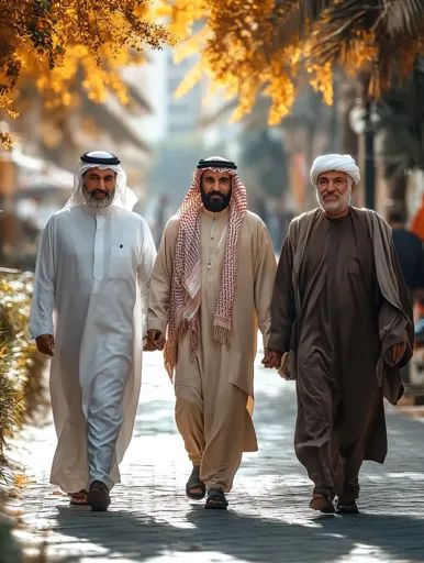 ↑↑↑ Larger size on website 🔸 Three men, dressed in traditional Arab clothing, walk along a cobblestone street. They are all weari White Headscarf, Men In Traditional, Arab Clothing, Arabic Clothes, White Robes, Cobblestone Street, Arabic Clothing, Friends Enjoying, Arab Men