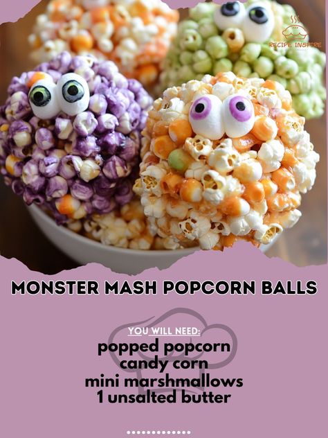 👹🍿 Get in the Halloween spirit with these spooky Monster Mash Popcorn Balls! A fun treat for all ages. #HalloweenTreats Monster Mash Popcorn Balls Ingredients: - 8 cups popped popcorn - 1 cup candy corn - 1 cup mini marshmallows - 1/4 cup unsalted butter - 1/2 cup light corn syrup - 1/2 cup granulated sugar - 1/4 tsp salt - Green and purple food coloring - Candy eyeballs Instructions: 1. In a large bowl, mix popcorn and candy corn. Set aside. 2. In a saucepan, melt butter, corn syrup, suga... Halloween Popcorn Balls, Butter Corn, Halloween Popcorn, Purple Food Coloring, Candy Eyeballs, Popcorn Balls, Purple Food, Candy Popcorn, Pop Popcorn