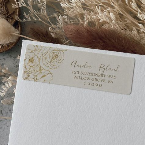 Gilded Floral | Cream & Gold Return Address Label Boho Bride And Groom, Whimsical Arrangement, Bridal Shower Elegant, Boho Wedding Invitation Template, Bachelor Party Invitations, Retro Wedding Invitations, Wedding Return Address Labels, Return Labels, Rustic Boho Wedding