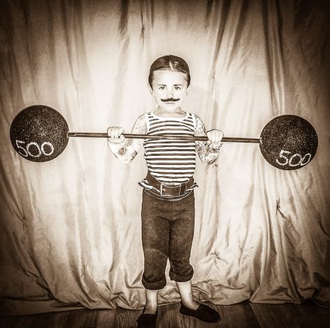 Strong man costume DIY                                                                                                                                                                                 More Big Top Circus Costumes, Baby Strong Man Costume, Circus Strongman Costume, Strong Man Circus, Strong Man Costume, Diy Costumes Men, Haunted Circus, Creepy Carnival, Halloween Circus