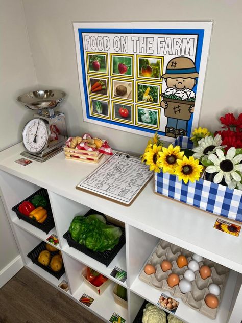 Farm Stand Dramatic Play Preschool, Farm Preschool Theme Decorations, Preschool Farm Dramatic Play, Farm Provocation, Farmers Market Dramatic Play Preschool, Preschool Farmers Market, Farm Dramatic Play Preschool, Farmers Market Dramatic Play, Preschool Farm