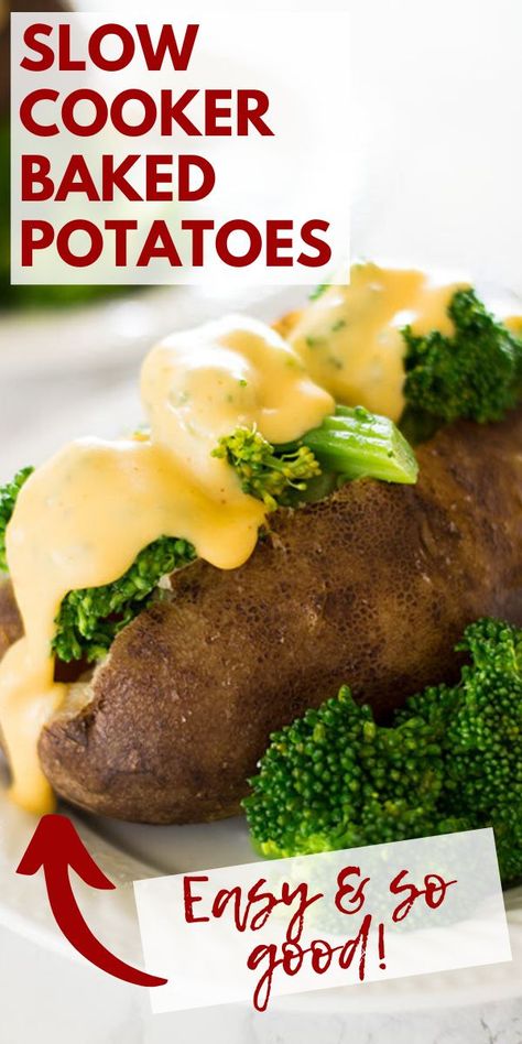 Slow Cooker Baked Potatoes With Broccoli and Cheese Sauce - Baked potatoes made in the crockpot and piled high with broccoli and cheddar cheese sauce. A perfect easy dinner! Brocolli Cheese Sauce, Baked Potato Broccoli Cheese, Slow Cooker Baked Potatoes, Baking Mischief, Baked Potato With Cheese, Crock Pot Baked Potatoes, Cheese Sauce For Broccoli, Healthy Main Meals, Broccoli And Cheddar