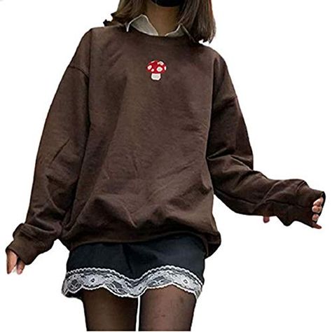 Aesthetic Jumpers, Fall Crewneck Sweatshirt, Y2k Soft, Mushroom Embroidery, Plaid Pullover, Oversized Crewneck, Fashion Hoodies, Sweater Fits, Oversized Long Sleeve