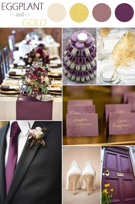 eggplant purple and gold fall wedding color ideas Eggplant Wedding Colors, Gold Fall Wedding, Fall Wedding Color Ideas, Eggplant Wedding, Theme Carnaval, Purple And Gold Wedding, Fall Wedding Ceremony, Wedding Color Scheme, Gold Wedding Colors