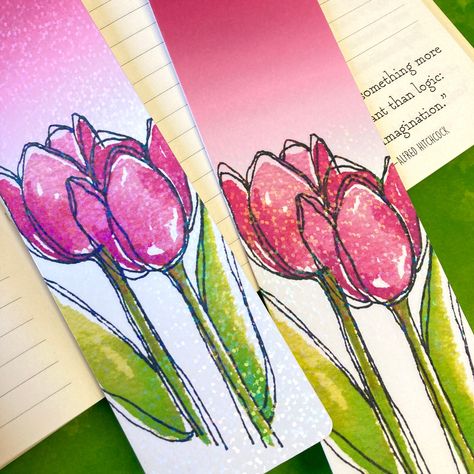 Pink Tulips Bookmark Approx. 2 x 7 inches ~Details~ Created from my original watercolor painting! Holographic Glitter over 140 lb. cardstock Design on one side, back side is white Colors may vary in person due to computer/mobile device screen settings ~Shipping~ Your bookmark will be mailed through USPS First Class mail with a stamp.  Envelopes will be left at mailbox/P.O. Box listed on your Etsy account. Follow me on IG @stickersbyjodi Interested in wholesale?? Contact me directly on Etsy or In Tulip Bookmark, Spring Bookmarks, Chocolate Book, Pink Spring Flowers, Handmade Bookmarks Diy, Gifts Book, Spring Books, Easter Basket Ideas, Sell My Art