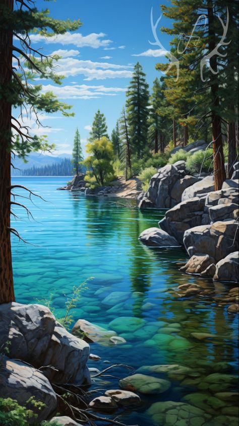 into a dreamscape where Lake Tahoe’s pristine reflections echo in a mesmerizing ballet of hues. Each ripple carries a lullaby of serenity, turning the canvas of water into a tranquil symphony, where nature whispers its secrets in shades of azure. #paintingoftheday #paintingoftheday #lakelife #laketahoe #landscapepainting #natureinspired #nature #naturelovers #lakehouse #lakelife #paintingoftheday Lake Tahoe Painting, Tahoe Painting, Drawing Cards, Lake Shore, Nature Pics, Natural Playground, Forest Pictures, Scenery Nature, Blue Spruce