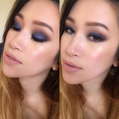 Smokey blue eyeshadow on Filipina/Asian eyes with a nude lip. Blue Makeup Looks Asian, Blue Eye Makeup Asian Eyes, Blue Eyeshadow Looks Asian, Asian Smokey Eye Makeup Hooded Eyelids, Smokey Eye On Asian Eyes, Blue Eyeshadow Asian Eyes, Blue Eyeshadow Asian, Wedding Makeup Blue, Blue Smokey Eye