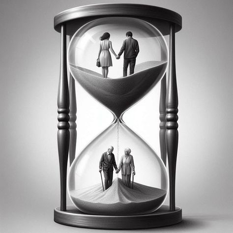 An hourglass with two separate sections, each containing a couple. The top section shows a young couple, holding hands, walking away from the viewer, with the sand falling around them, symbolizing the passage of time. The bottom section features the same couple as elderly, still holding hands, with the remaining sand gathered at their feet. The image should have a monochrome or grayscale color scheme to emphasize the theme of time and aging." Power Of Time Art, Hourglass Running Out Of Time, Art About Time, Geometric Wallpaper Hd, Holding Hands Walking, Dove Images, Concept Of Time, Breakup Picture, Passage Of Time