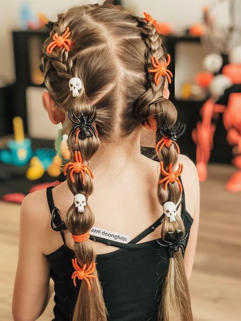 Girls Ghost Hair Buns, Kids Spider Hair, Kid Halloween Hairstyles, Spooky Halloween Hairstyles, Halloween Hairdos For Kids, Easy Diy Hairstyles For Short Hair, Halloween Girl Hairstyles, Girls Halloween Hair Ideas, Halloween Kids Hairstyles