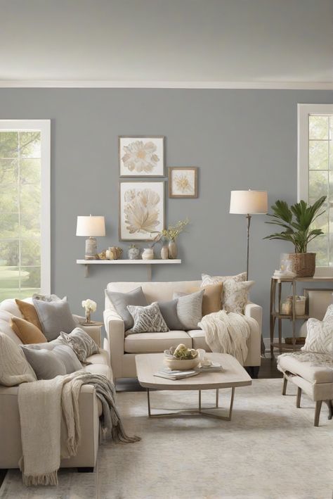 Step into a world of elegance and tranquility with Horizon Gray (2141-50) in your bedroom. This soft gray hue creates a moody atmosphere perfect for unwinding after a long day. Dive into our daily interior designer routine for inspiring decor ideas! #Ad #homedecor #homedesign #wallpaints2024 #Painthome #interiorarchitecture Wall Colors Green Living Room Colors Bright Living Room Colors Apartment Renovation Living room Remodeling Modern Paint Colors 2024 Living Room Paint Ideas Color Schemes, Gray Wall Living Room, Gray Living Room Walls, Gray Walls Living Room, Light Gray Living Room, Colorful Living Room Bright, Renovation Living Room, Paint Colors 2024, Primary Bed