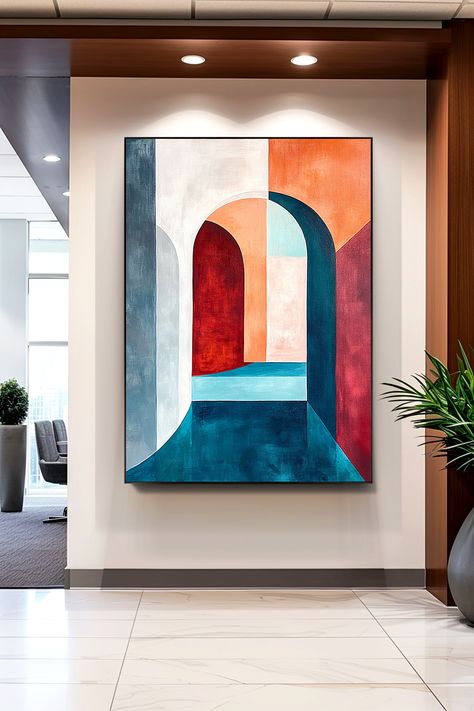 Abstract geometric painting featuring colorful arches and doorways in bold red, orange, teal, and white tones Abstract Art Inspiration Geometric, Big Canvas Painting Ideas Abstract, Archway Painting, Cubism Art Modern, 3d Art Painting, Modern Art Canvas Painting, Diy Abstract Canvas Art, Cubism Art, Abstract Face Art