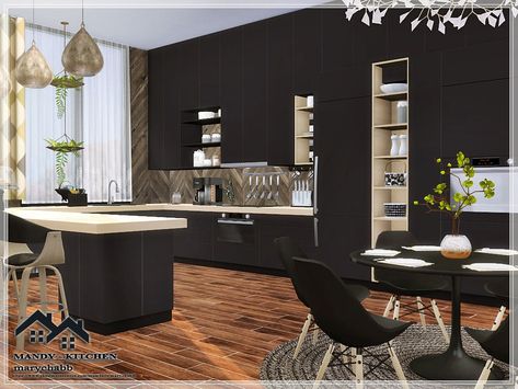 Sims 4 — MANDY - KITCHEN by marychabb — I present a room- Kitchen with dining room and hallway , that is fully equipped. #featuredartist Kitchen With Dining Room, Lux Kitchen, Modern Kitchen Layout, Modern Kitchen Set, Sims 4 Cc Furniture Living Rooms, Dinning Room Sets, Sims 4 Kitchen, Dark Living Rooms, Sims 4 House Design