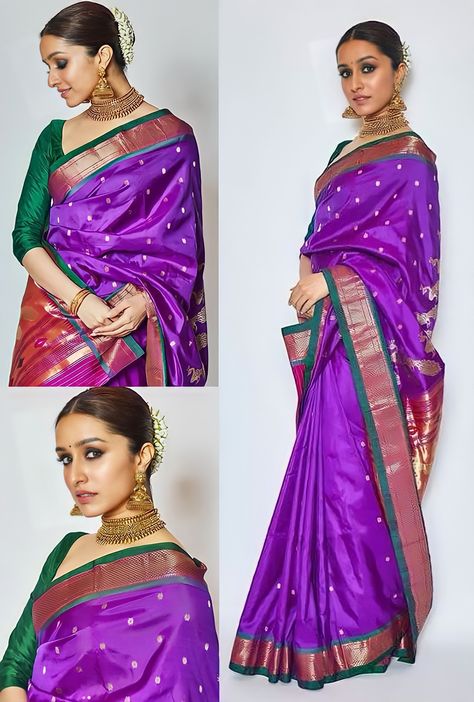 Guest Saree For Wedding, Maharashtrian Saree Look Simple, Maharashtra Saree Look, Maharashtrian Saree Look, Marathi Saree Look, Wedding Guest Saree Look, Paithani Saree Traditional Look, Paithani Blouse Design, Blouse Design Aari Work