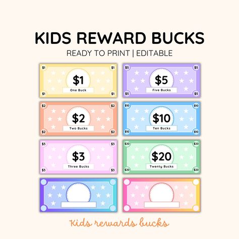 Reward Bucks for Kids Printable Play Money Editable Allowance Money Mom Bucks Pretend Play Chore Bucks Grocery Good Behaviour Reward System Reward bucks is a great way for kids to learn how to set goals, save and earn money.  💡use as a pretend play money system 💡reward good behaviours and responsibility 💡learn financial literacy The special edition is editable so you can set up special goals with your kids, and reward them with their special achievements, for example the Christmas gift allowa Kids Reward Bucks, Reward Bucks Free Printable, Mom Bucks, Reward Bucks, Printable Play Money, Reward System For Kids, Money System, Money Template, Behavior Rewards