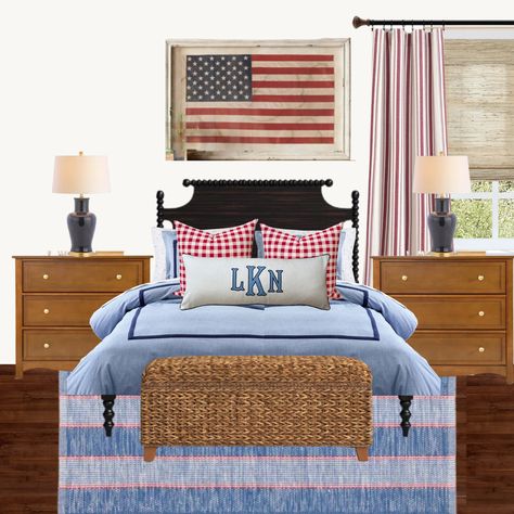 Americana Boy Room, Teen Boy Room Ideas, Baseball Boys Room, Red Boys Bedroom, Americana Bedroom, Boy Room Ideas, Nautical Home Decorating, Blue Boys Bedroom