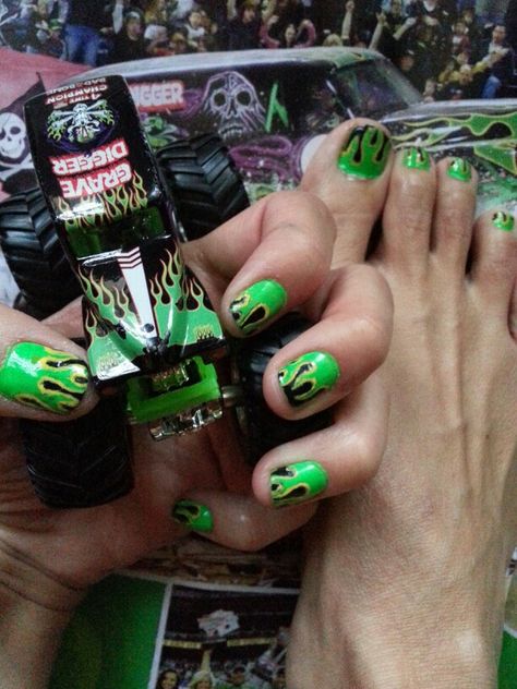 neon green flame nail art. Grave Digger- inspired nail art #nailart #pedicure Monster Jam Truck Nails, Flame Nail Art, Purple Nail Art, Green Nail Art, Grave Digger, Jelly Nails, Diy Nail Designs, Monster Jam, Unique Nails