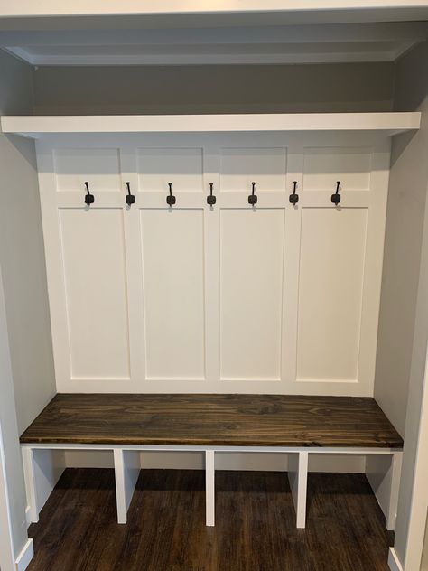 Closet Turned Into Cubbies, Front Closet Cubbies, Hall Tree Closet, Easy Mud Room Diy, 4 Cubby Mudroom, Front Entry Built In, Entryway Closet Design, Mudroom Closet Organization Ideas, Mud Room Hooks And Shelf