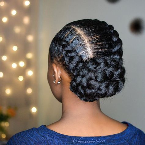 Jumbo feed-in Braids with a bun. Simple, beautiful and elegant protective style. @beautybysheri #protectivestyle #jumbobraids #feedinbraids #naturalhairupdo #naturalhairstyle #healthyhair #blackhairstyle #updo #beautybysheri #braidsbysheri #protectivestyles Updo Cabello Natural, Goddess Braid Styles, Trendy We Fryzurach, Cabello Afro Natural, Two Braid Hairstyles, Mermaid Braid, Twisted Hair, Braid Inspiration, Goddess Braids Hairstyles