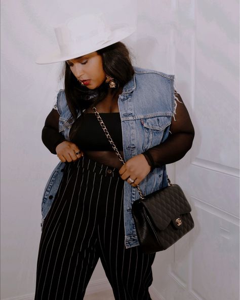 Pinstripe Outfit, Wide Brim Hat Outfit, Brim Hat Outfit, Shirt Styling, Black Mesh Bodysuit, Hat Outfit, Mesh Shirt, Pinstripe Pants, Hat Style