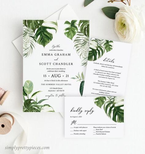 This listing is for an instant download editable Wedding Invitation Suite template(s). It features beautiful hand-painted monstera and palm graphics in rich green tones and it is accented with a modern calligraphy font. It can be fully edited using TEMPLETT which is a fully customizable template Tropical Greenery, Tropical Wedding Invitations, Modern Calligraphy Fonts, Seating Chart Template, Printable Thank You Cards, Digital Templates, Floral Printables, Tropical Foliage, Thank You Card Template