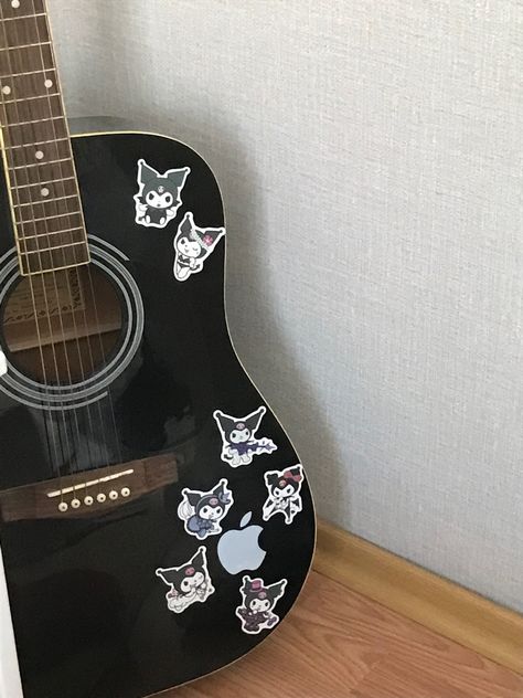 Acoustic Guitar Aesthetic Stickers, Acoustic Guitar Decoration, Stickers On Guitar Acoustic, Acoustic Guitar Stickers, Guitar Deco, Guitar Pick Art, Ukulele Aesthetic, Guitar Decorations, Black Acoustic Guitar