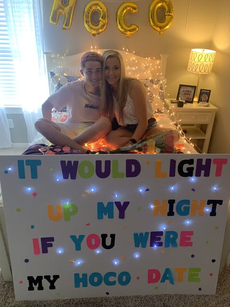 Hoco Proposals Ideas Lights, Will You Light Up My Night At Homecoming, Hoco Poster Ideas Football, Creative Hoco Proposals, Football Hoco Proposal For Guys, Football Homecoming Proposals, Homecoming Signs High School Dance, Hoco Signs For Guys, Hoco Sign Ideas