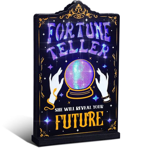 PRICES MAY VARY. Fortune Teller Theme: the design of the fortune teller tabletop sign combines a variety of gothic mysterious elements such as purple crystal ball, fortune teller's left hand wrapped with a small snake and a right hand wearing a watch, curved fortune teller title, the overall layout is similar to a tarot card shape, used to create a dark and mysterious gothic atmosphere What You Will Get: you will receive the Halloween fortune teller LED tabletop decoration with LED lighted palm Fortune Teller Party Theme, Carnival Fortune Teller, Fortune Teller Booth, Gothic Atmosphere, Halloween Fortune Teller, Carnival Signs, Small Snake, Spooky Party, 13th Birthday Parties