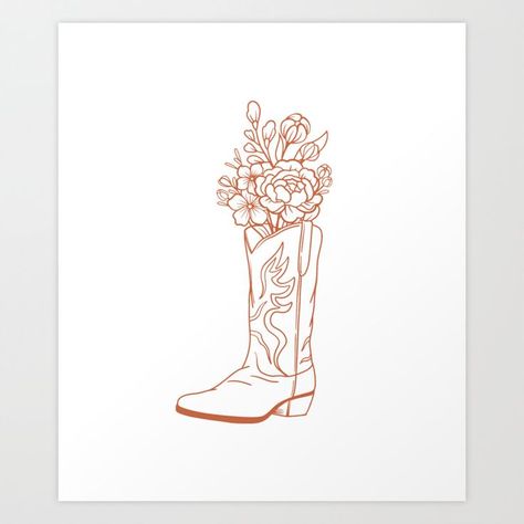 Dark orange floral cowboy boot Art Print by Dreaming Out West Cowboy Boot Art, Cowboy Boot Tattoo, Boot Art, Cowgirl Tattoos, Cowboy Tattoos, Country Tattoos, Cross Tattoos For Women, Western Tattoos, Mother Tattoos