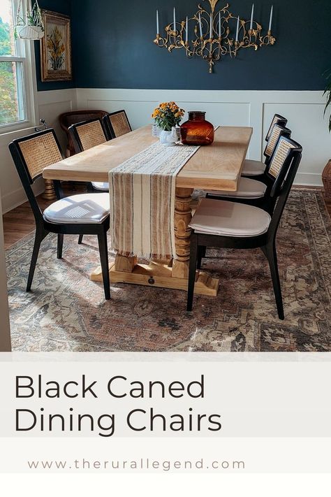 I just got new black cane upholstered dining chairs and they were the perect final touch to this cozy moody glam dining room! Black Cane Chairs Dining Rooms, Cane Chairs Dining, Vintage Modern Dining Room, Black Windsor Chairs, Glam Dining Room, Glam Dining, Cane Chairs, Cane Dining Chairs, Dining Banquette