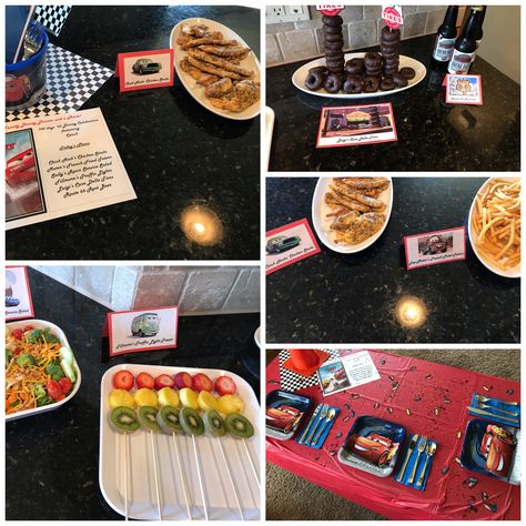 Disney Cars 3 Dinner and a Movie Movie Dinner Ideas, Cars Movie Night, Themes Dinner Nights, Disney Themed Movie Night, Disney Movie Night Food, Movie Dinner, Disney Movie Night Dinner, Disney Themed Food, Movie Night Dinner