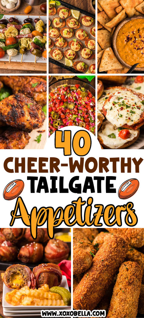 A collage of appetizer recipes. At Home Tailgate Food, Tailgate Appetizers Easy, Football Recipes Appetizers, Winning Appetizers, Healthy Football Party Food, Football Season Snacks, Game Day Food Ideas, Tailgate Appetizers, Snacks Homemade