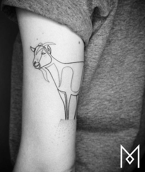 Mo Ganji goat tattoo Fine Line Goat Tattoo, Single Line Cow Tattoo, Goat Tattoo Minimalist, Line Cow Tattoo, Goat Tattoo Cute, Cute Goat Tattoo, Tattoo Goat, Goat Tattoo, Collar Tattoo