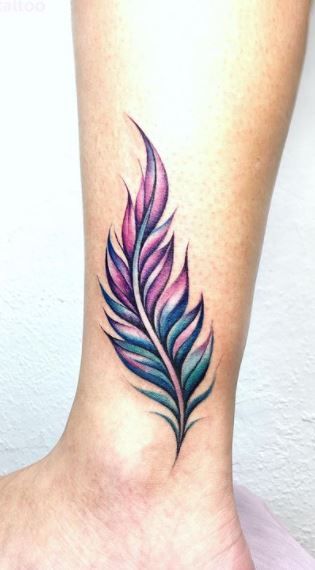 Feather Rose Tattoo, Coloured Feather Tattoo, Colourful Feather Tattoo, Whimsical Feather Tattoo, Feather Lower Back Tattoo, Pink Feather Tattoo, Ladies Ankle Tattoos, Feather Tattoos For Women On Shoulder, Colored Feather Tattoos