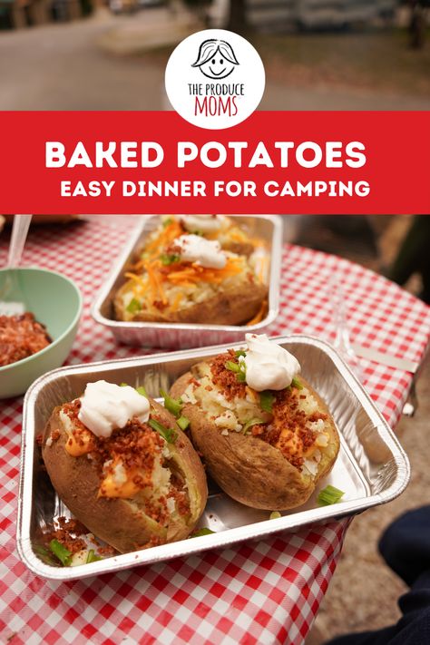 Looking for an easy dinner for camping trips? Something that won’t be a ton of work, but tastes delicious and is good for you? Try serving these baked potatoes from The Produce Moms! Camping Baked Potatoes, Camping Potatoes Make Ahead, Dinner For Camping, Camping Potatoes, Potatoes Camping, Baked Potato Camping, Steak And Potatoes Camping, Camping Potatoes Foil, Easy Camping Dinners