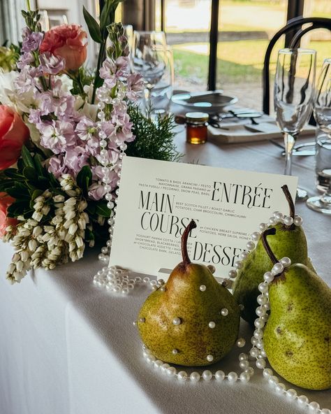 pearly fruit & springy blooms, always a good idea 🍐 Amy & Nathan at @belgennyfarmevents styling, floral, stationery by us @freshcreativestyling #weddingstyling #camdennsw #camdenflorist #weddingflowers #weddinginspiration #southernhighlandswedding #pearlyfruit #pearls #bowralwedding #weddingstylingsydney #sydneyweddingstylist Wedding Decor Fruit, Wedding Centerpieces With Fruit, Wedding Fruit Decor, Pear Decor, Pears Decor, Garlic Roasted Potatoes, Fruit Wedding, Highland Wedding, Spring Wedding Decorations